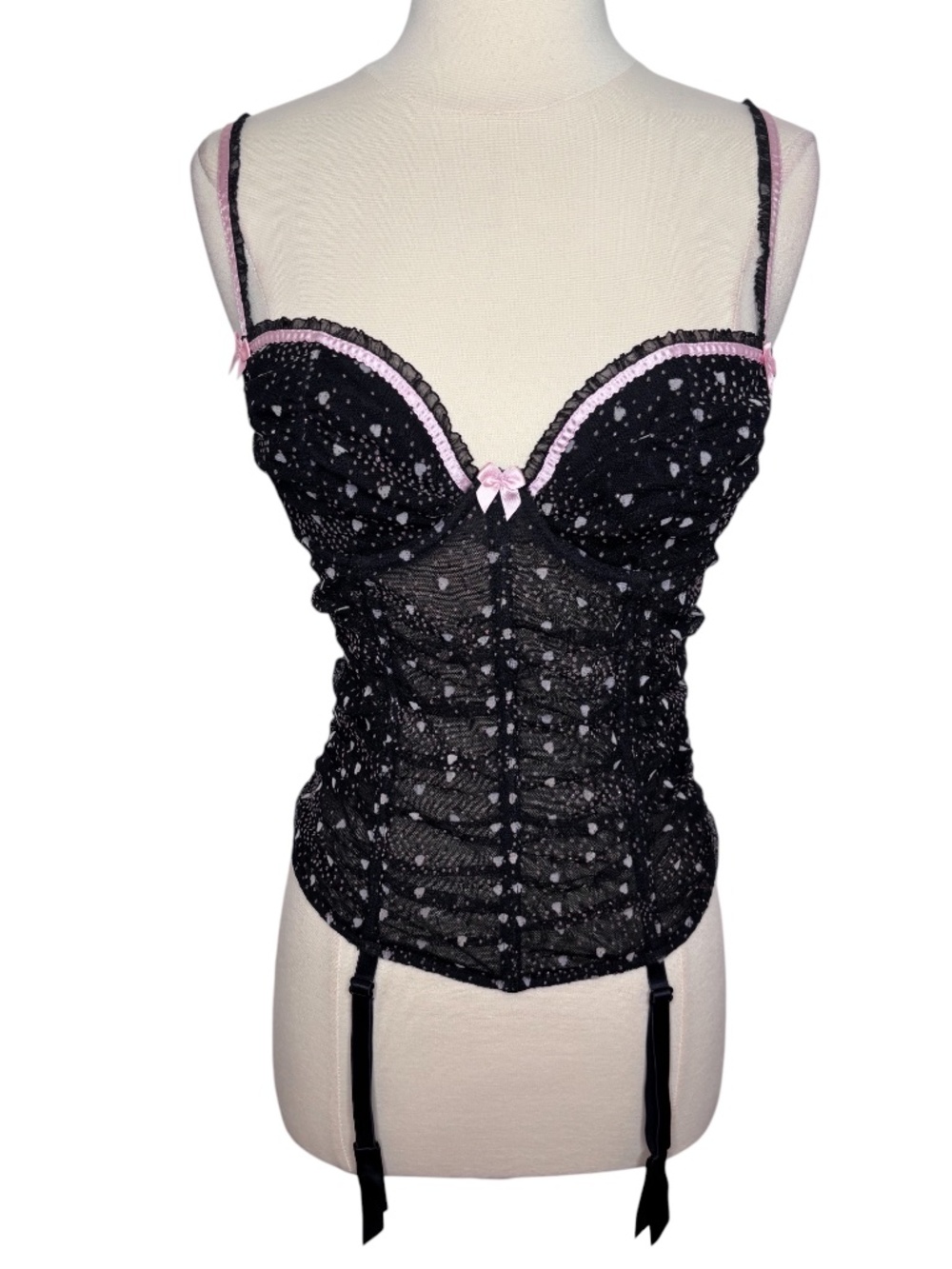 Frederick's of Hollywood Black Mesh Pink Glitter Ribbon Hearts Corset Top 34 / M